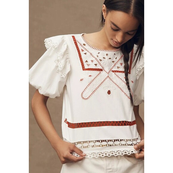 By Anthropologie Puff-Sleeve Cutwork Blouse Top Embroidered Cotton M NWD 280426 - Picture 2 of 11
